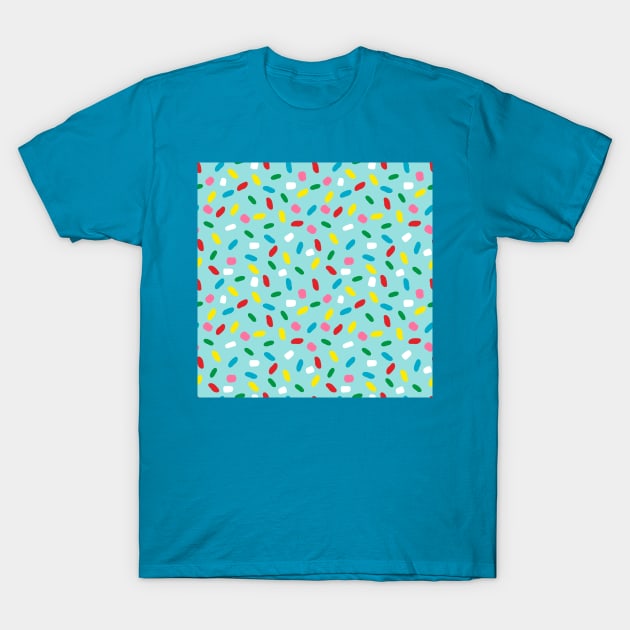 Colorful sprinkles on blue melting icing T-Shirt by marufemia